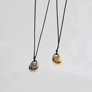 Minimalist Teardrop Bean Pendant Necklace Titanium Steel With Long Black Leather Cord For Men Women Geometric Polished