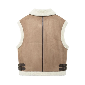 Detailed back view of suede vest with sherpa trim and adjustable leather straps