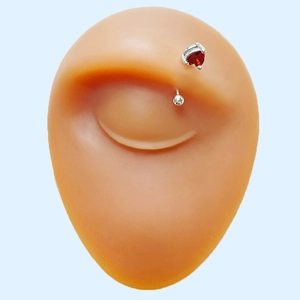 Detail of silver piercing jewelry with red heart zircon on silicone model ear