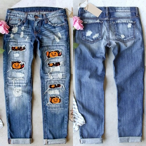 Halloween Kürbis Patch Ripped Denim Jeans Damen Distressed Straight Leg Streetwear Blau Baumwolle Polyester Hose