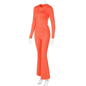 Detail view of orange zip-up hoodie and high-waist flared pants set on a 3D mannequin