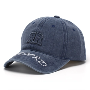 Detailed embroidery of double R logo and Sports lettering on washed denim baseball cap