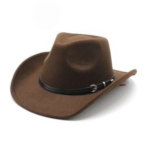 Classic dark brown felt cowboy hat with wide brim and black leather belt buckle