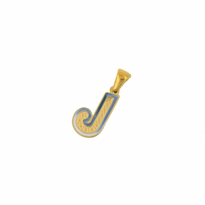 Detailed view of golden letter J pendant with blue and white enamel inlay patterns