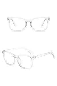 Detailed front and side views of transparent square anti-blue light glasses frames