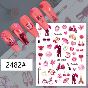 Romantic Valentine's nail art stickers with Eiffel Tower and red lip designs, model JO-2482