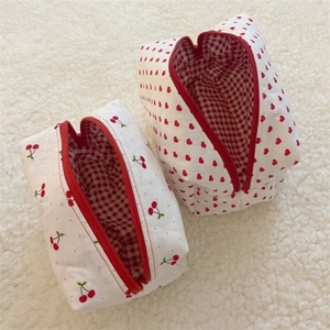 Portable cotton cosmetic bags with red cherry and heart patterns and zipper closures