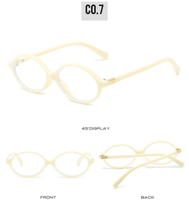 Multi-angle views of cream oval frame glasses with golden hinge rivets and clear lenses