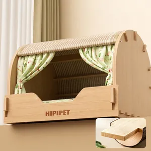 Solid wood cat house with sisal scratcher board featuring floral curtains and plaid roof