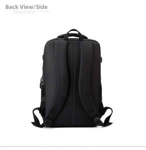 Ergonomic back view of a black outdoor backpack with padded straps and mesh side pockets