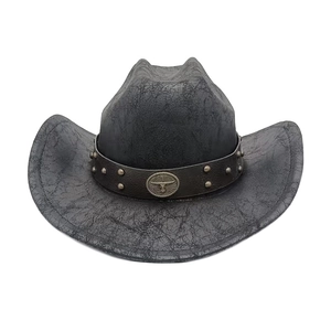Classic black faux suede western cowboy hat featuring metallic longhorn bull head emblem