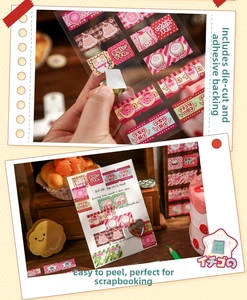 Detail showing easy-to-peel pre-cut stickers with cute dessert and cat motifs for DIY
