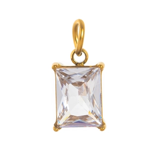 Detailed view of a square-cut clear zircon stone set in a polished gold pendant base