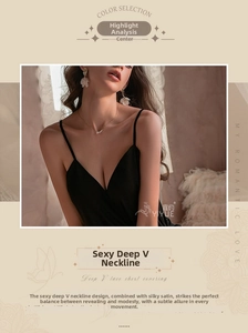 Detail of elegant black satin nightgown with deep V-neck and delicate straps