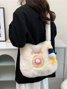 Women Cute Plush Shoulder Bag Doughnut Embroidery Duck Pendant Korean Style Faux Fur Tote Handbag Soft Winter Purse