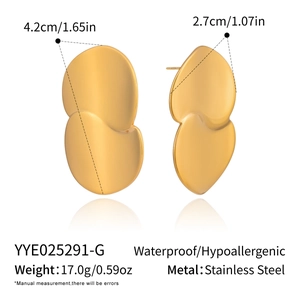 Detailed view of 18K gold-plated stainless steel geometric earrings with size and weight specs