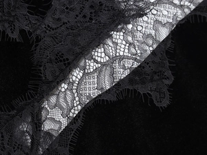 Détail de dentelle noire élégante épissée avec une texture de tissu en velours haut de gamme