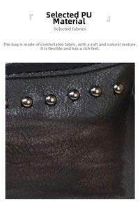 Dettaglio della texture in pelle PU nera con rivetti metallici decorativi sulla borsa