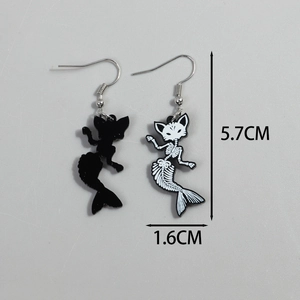 Detail view of Halloween mermaid cat acrylic earrings with 5.7cm x 1.6cm size dimensions