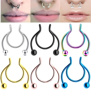 Set of six stainless steel U-shaped septum nose rings in black silver and gold finishes