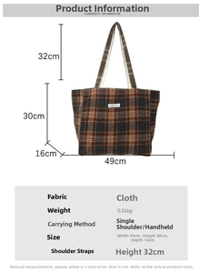 Size chart showing 49cm width brown plaid tote bag with shoulder strap dimensions