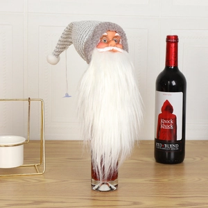 Grey knitted Santa Claus wine bottle cover with white beard and glasses for Xmas decor