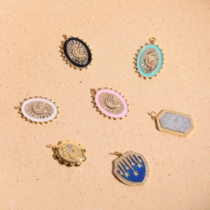 Gold-plated enamel tarot card pendants with sun and moon designs for jewelry making