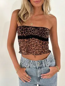 Sexy leopard print tube top with black lace trim and sleeveless cropped slim fit design