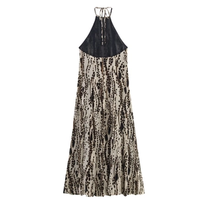 Sleepless halter neck maxi dress with animal print pattern and color-block design