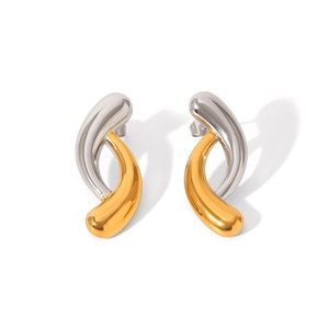 Two-tone gold and silver stainless steel earrings with streamlined curved design