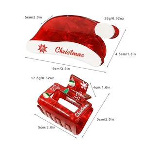 Red Christmas hat claw clip and square hair clip with dimensions and weight specs