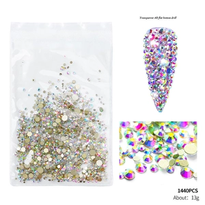 Detail of 1440pcs Transparent AB flat bottom nail art rhinestones with bag and macro view