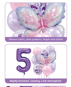 Detail of pink and purple butterfly foil balloons with number 5 for girl birthday decor