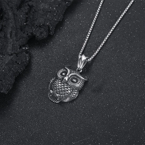 Detailed close-up of silver owl pendant with textured feathers on a metal box chain