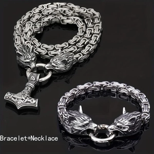 Ensemble collier pendentif marteau de Thor et bracelet tête de loup en acier inoxydable