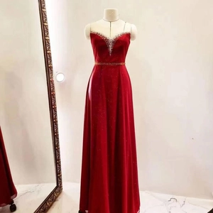Evening Dress Wine Red Satin Shimmer Sleeveless V-Neck Beaded Rhinestone Floor Length Formal Gown For Women