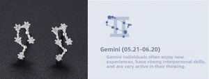 Detailed view of 999 sterling silver Gemini zodiac stud earrings with white cubic zirconia