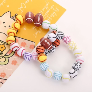 Detail of DIY elastic bracelets with colorful acrylic sports ball beads for creative jewelry