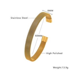Polished 8mm stainless steel woven mesh open cuff bracelet for women in golden finish