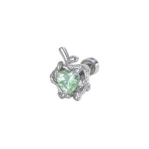 Silver snake coiled around a green heart zircon stud earring with a sleek metal finish