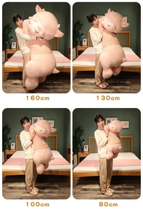 Visual size comparison of pink plush sheep in four sizes from 80cm up to 160cm
