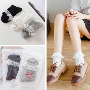 Lace ruffle cotton mid-calf socks for women in black white and gray 3-pack set