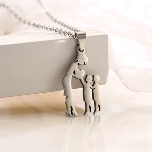 Detailed close-up of a silver stainless steel mother and two children pendant necklace