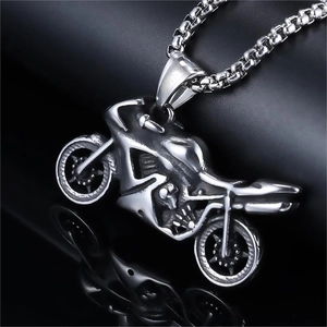 Punk style stainless steel motorcycle pendant necklace with silver vintage finish