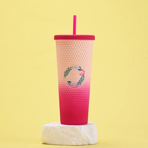 Pink gradient 710ml studded tumbler with straw and Best Mom Ever floral design