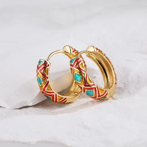 Retro 18K gold plated hoop earrings with colorful geometric enamel on stone