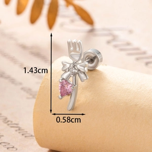 Cute bow and heart zircon fork-shaped stud earrings in polished silver finish