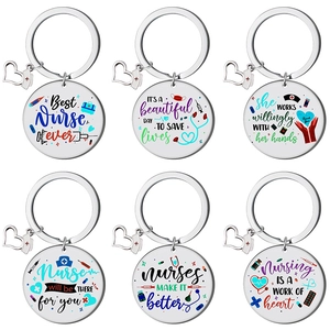 Detailed set of six stainless steel nurse keychains with colorful medical themes