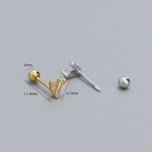 S925 sterling silver V-shape stud earrings with zircons and 3mm ball back closure