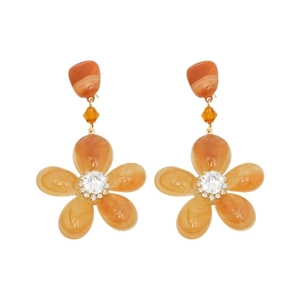 Vintage orange resin flower earrings with silver needles and rhinestones on white background